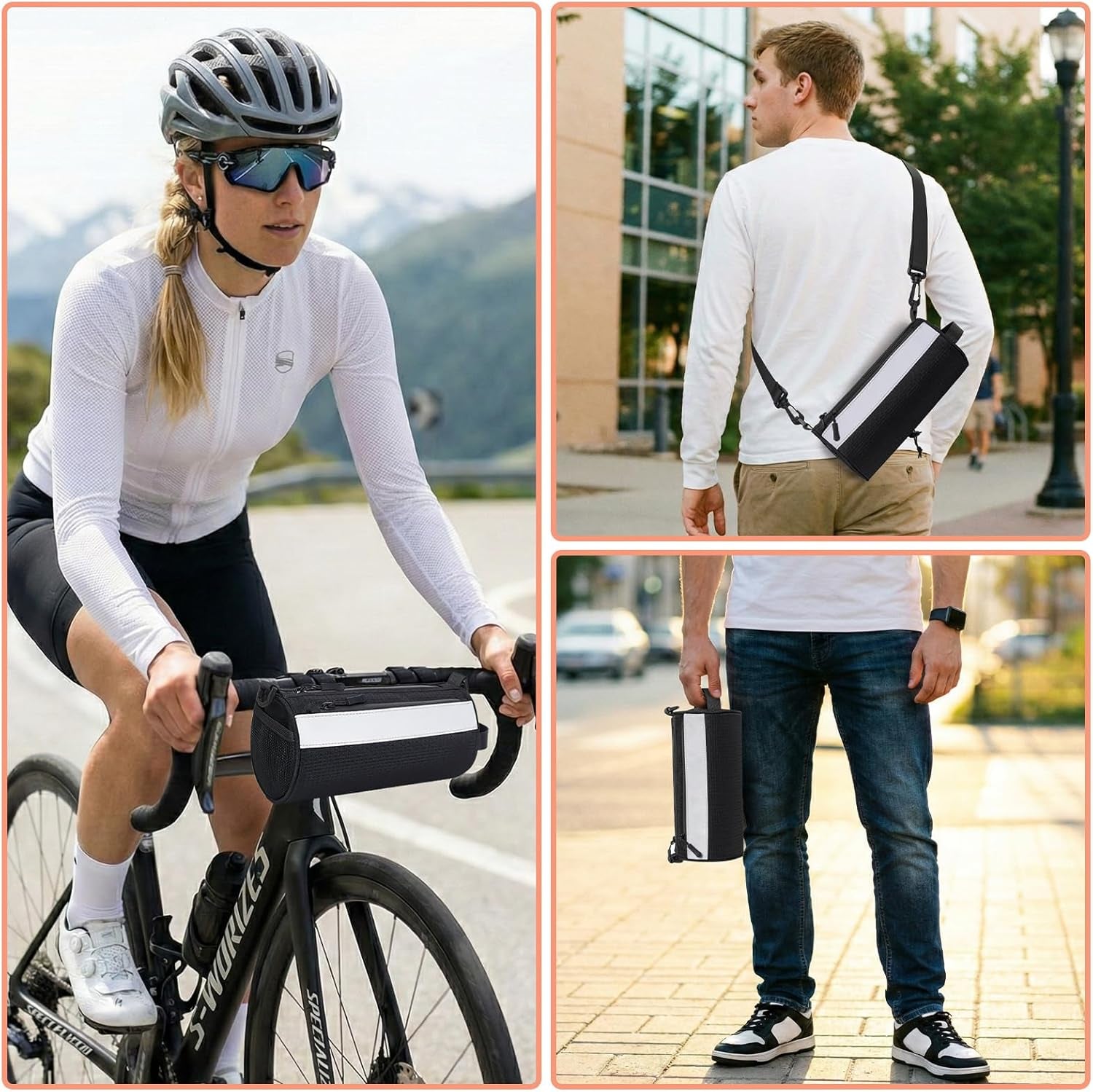 Urban Roll E-Bike Handlebar Bag Waterproof Bicycle Front Bag for Mountain Multiuse Crossbody Hand Bag (Black, Medium)